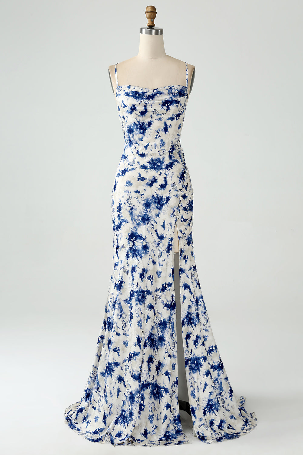Wedtrend Women Blue Flower Bridesmaid Dress With Slit Mermaid Floral Print Backless Long Wedding Party Dress WEDTREND Wedtrend Women Blue Flower Bridesmaid Dress With Slit Mermaid Floral Print Backless Long Wedding Party Dress WEDTREND