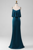 Peacock Sheath Spaghetti Straps Long Satin Bridesmaid Dress With Ruffles