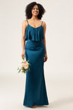 Peacock Sheath Spaghetti Straps Satin Long Bridesmaid Dress With Ruffles