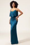 Peacock Sheath Spaghetti Straps Satin Long Bridesmaid Dress With Ruffles