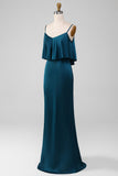 Peacock Sheath Spaghetti Straps Long Satin Bridesmaid Dress With Ruffles