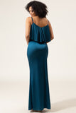 Peacock Sheath Spaghetti Straps Satin Long Bridesmaid Dress With Ruffles