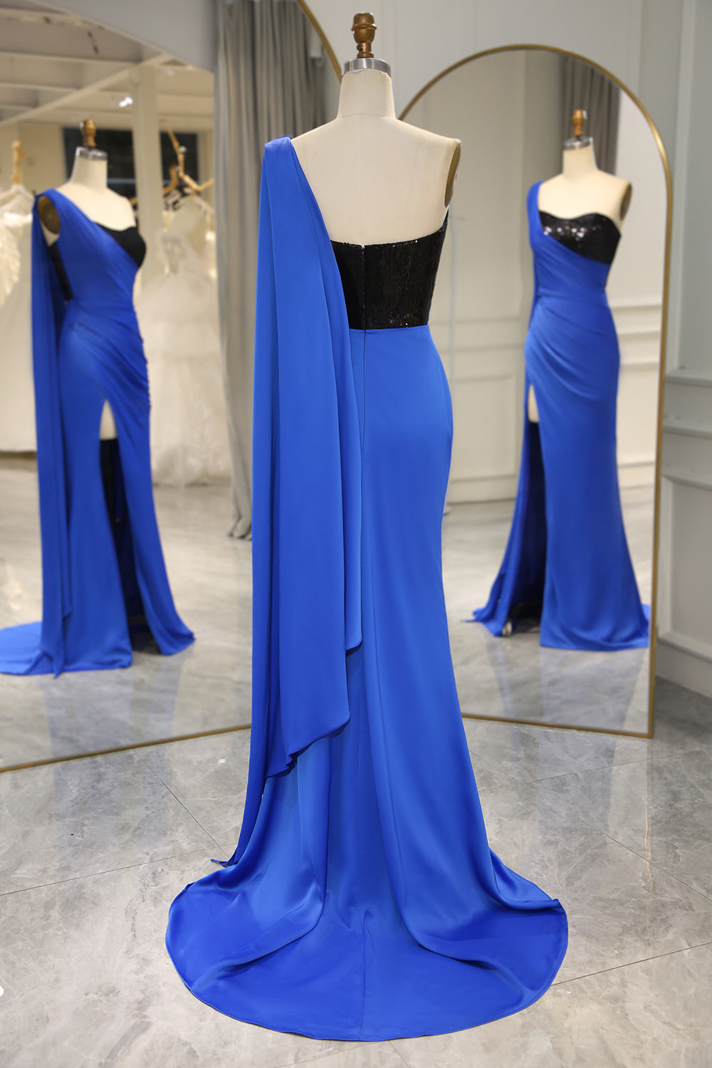 Royal Blue Mermaid One Shoulder Sequined Prom Dress With Slit