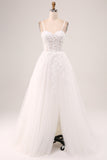 Ivory A-Line Spaghetti Straps Lace Appliques Tulle Wedding Dress with Slit