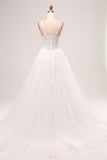 Ivory A-Line Spaghetti Straps Lace Appliques Tulle Wedding Dress with Slit
