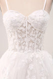 Ivory A-Line Spaghetti Straps Lace Appliques Tulle Wedding Dress with Slit