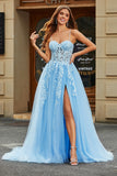 Sky Blue A-Line Spaghetti Straps Lace Leaf Tulle Prom Dresses With Slit