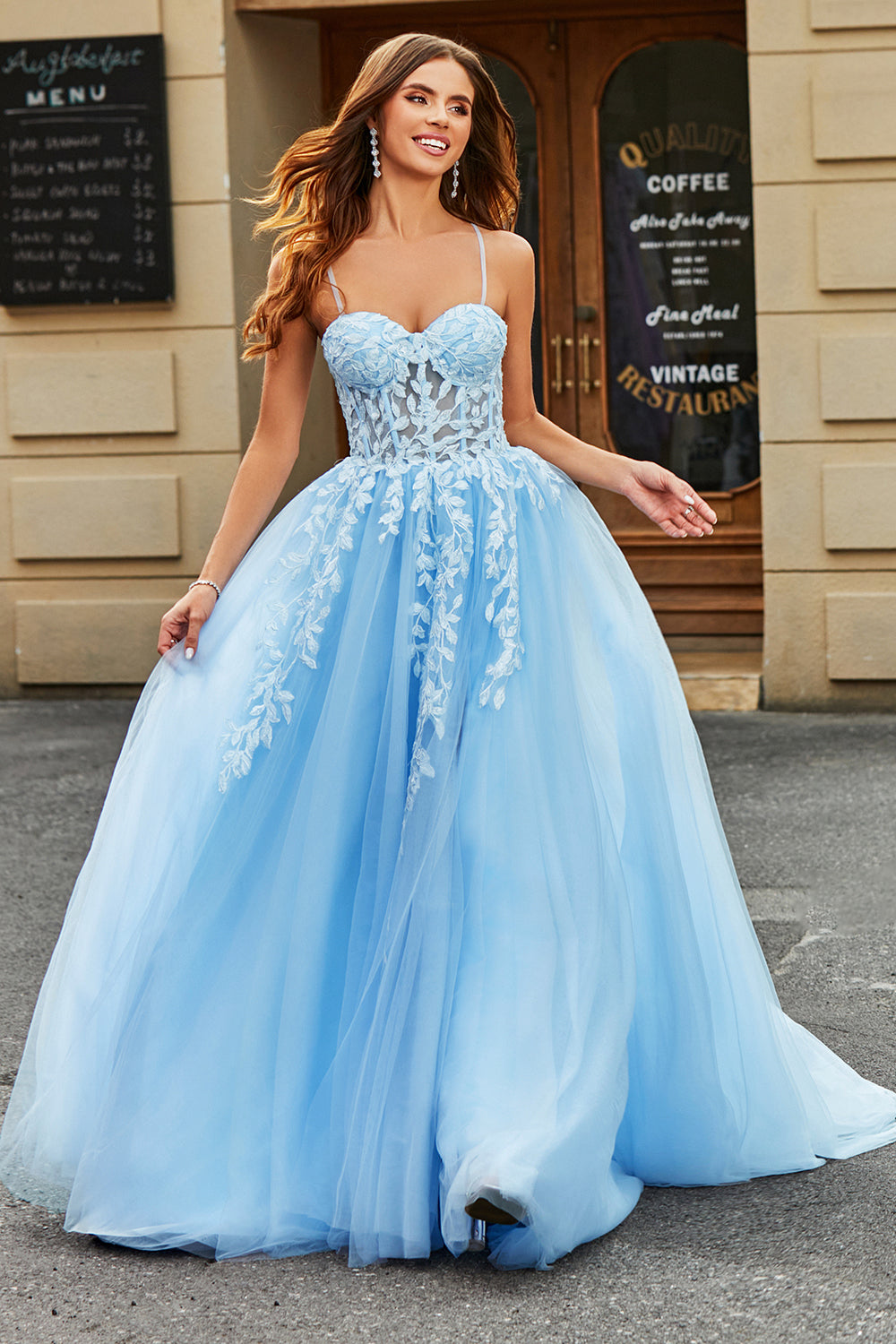 Sky Blue A-Line Spaghetti Straps Lace Leaf Tulle Prom Dresses With Slit