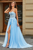 Sky Blue A-Line Spaghetti Straps Lace Leaf Tulle Prom Dresses With Slit