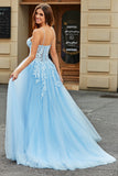 Sky Blue A-Line Spaghetti Straps Lace Leaf Tulle Prom Dresses With Slit