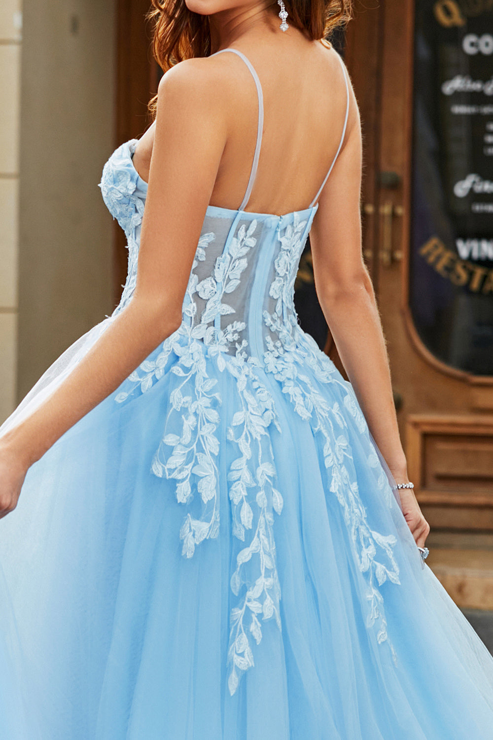 Wedtrend Women Sky Blue Prom Dress A-Line Spaghetti Straps Lace Leaf Tulle Evening Dresses With Slit WEDTREND Wedtrend Women Sky Blue Prom Dress A-Line Spaghetti Straps Lace Leaf Tulle Evening Dresses With Slit WEDTREND