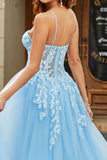 Sky Blue A-Line Spaghetti Straps Lace Leaf Tulle Prom Dresses With Slit