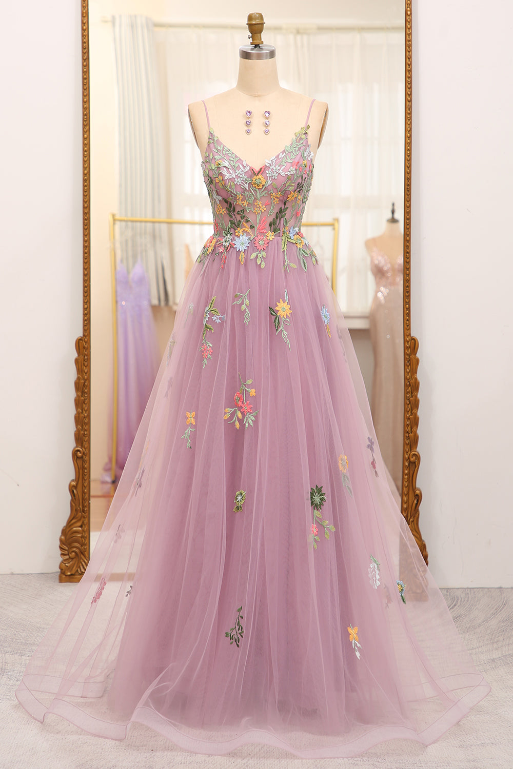 mauve formal dress Wedtrend Women Mauve Prom Dress A Line Spaghetti Straps Tulle Long Evening Dress With Embroidery – WEDTREND