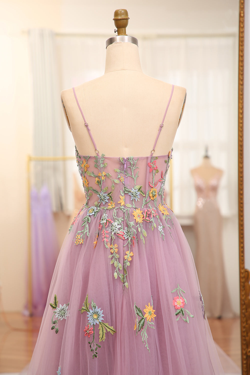 Mauve A Line Spaghetti Straps Tulle Long Prom Dress With Embroidery