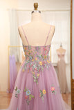 Mauve A Line Spaghetti Straps Tulle Long Prom Dress With Embroidery