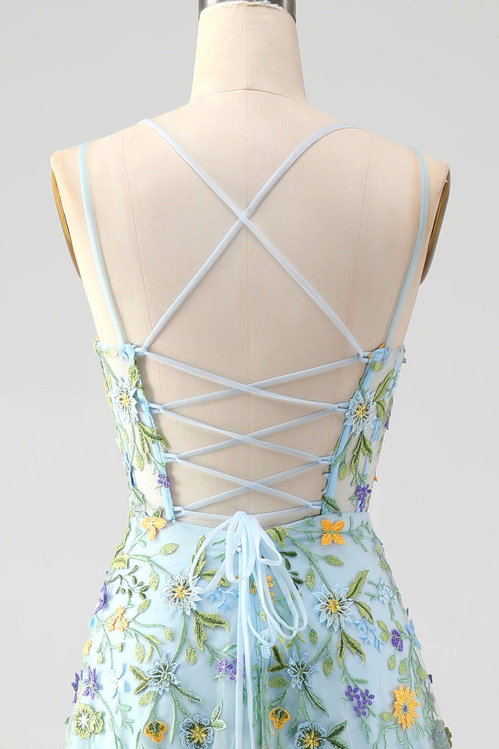 Wedtrend Women Blue Flower Prom Dress A Line Spaghetti Straps Front Slit Corset Evening Dress With Embroidery WEDTREND Wedtrend Women Blue Flower Prom Dress A Line Spaghetti Straps Front Slit Corset Evening Dress With Embroidery WEDTREND