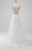 Ivory A Line Spaghetti Straps Front Slit Tulle Wedding Dress With Embroidery