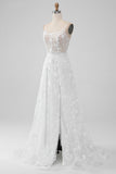 Ivory A Line Spaghetti Straps Front Slit Tulle Wedding Dress With Embroidery
