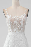 Ivory A Line Spaghetti Straps Front Slit Tulle Wedding Dress With Embroidery