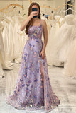 Mauve A Line Spaghetti Straps Front Slit Tulle Long Prom Dress With Embroidery