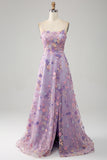 A Line Spaghetti Straps Front Slit Tulle Mauve Prom Dress With Embroidery