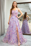 Mauve A Line Spaghetti Straps Front Slit Tulle Applique Long Prom Dress With Embroidery