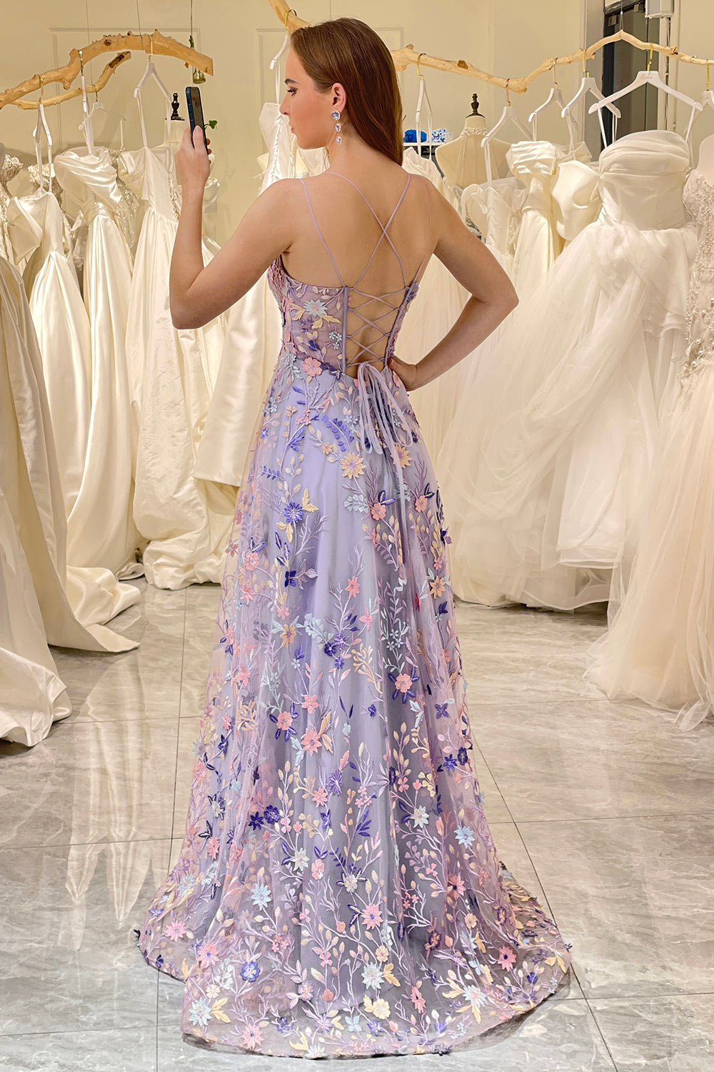 Mauve A Line Spaghetti Straps Front Slit Tulle Long Prom Dress With Embroidery