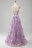 Blue Flower A Line Spaghetti Straps Front Slit Corset Prom Dress With Embroidery