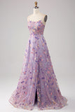 A Line Spaghetti Straps Front Slit Tulle Mauve Prom Dress With Embroidery