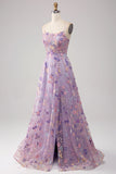 Blue Flower A Line Spaghetti Straps Front Slit Corset Prom Dress With Embroidery