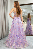 Mauve A Line Spaghetti Straps Front Slit Tulle Applique Long Prom Dress With Embroidery