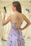 Mauve A Line Spaghetti Straps Front Slit Tulle Long Prom Dress With Embroidery