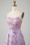 Blue Flower A Line Spaghetti Straps Front Slit Corset Prom Dress With Embroidery