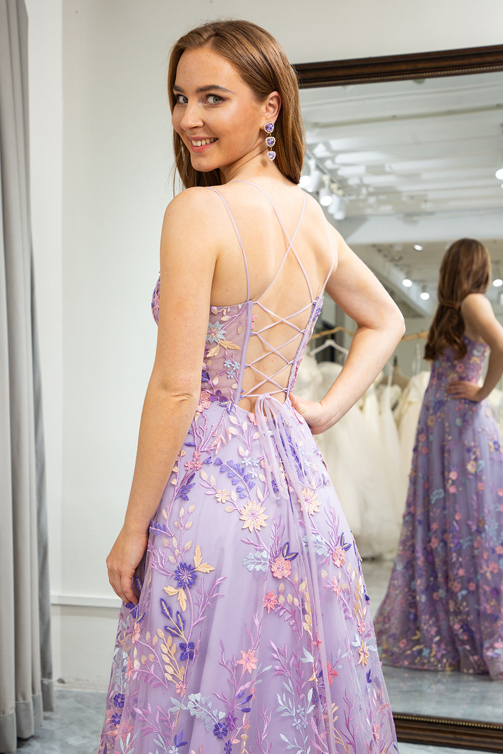 Mauve A Line Spaghetti Straps Front Slit Tulle Applique Long Prom Dress With Embroidery