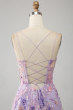 Blue Flower A Line Spaghetti Straps Front Slit Corset Prom Dress With Embroidery