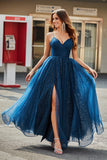 Navy Ball-Gown Spaghetti Straps V-Neck Long Tulle Prom Dress With Beading