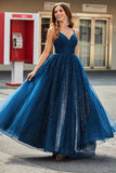 Navy Ball-Gown Spaghetti Straps V-Neck Long Beaded Tulle Prom Dresses