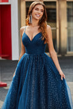 Navy Ball-Gown Spaghetti Straps V-Neck Long Tulle Prom Dress With Beading