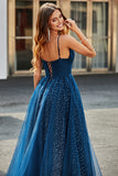 Navy Ball-Gown Spaghetti Straps V-Neck Long Tulle Prom Dress With Beading