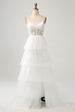 Ivory A-Line Spaghetti Straps Tulle Corset Tiered Wedding Dress With Appliques