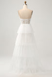 Ivory A-Line Spaghetti Straps Tulle Corset Tiered Wedding Dress With Appliques