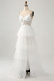 Ivory A-Line Spaghetti Straps Tulle Corset Tiered Wedding Dress With Appliques