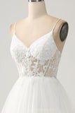 Ivory A-Line Spaghetti Straps Tulle Corset Tiered Wedding Dress With Appliques