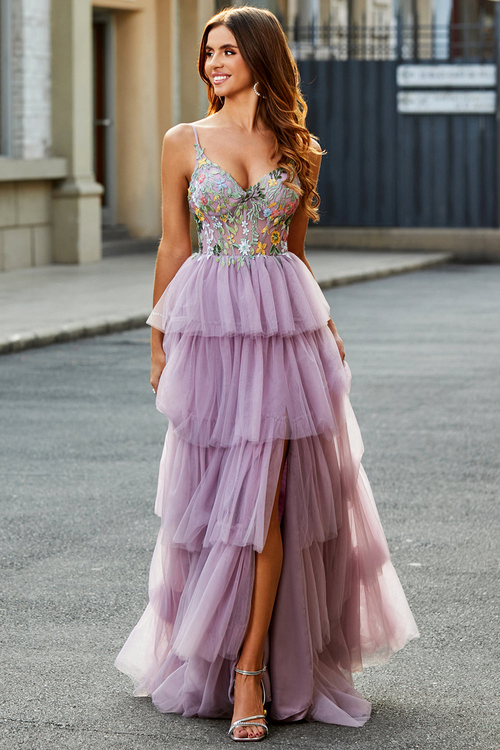 Mauve A-Line Tulle Long Corset Tiered Prom Dress With Appliques