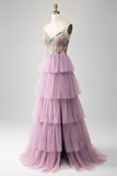 Mauve A-Line Spaghetti Straps Tulle Corset Tiered Prom Dress With Appliques