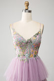 Mauve A-Line Spaghetti Straps Tulle Corset Tiered Prom Dress With Appliques