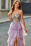 Mauve A-Line Tulle Long Corset Tiered Prom Dress With Appliques