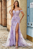Mauve Mermaid Square Neck Split Front Long Prom Dress With Appliques