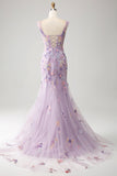 Mauve Mermaid Square Neck Split Front Prom Dress With Appliques