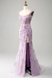 Mauve Mermaid Square Neck Split Front Prom Dress With Appliques